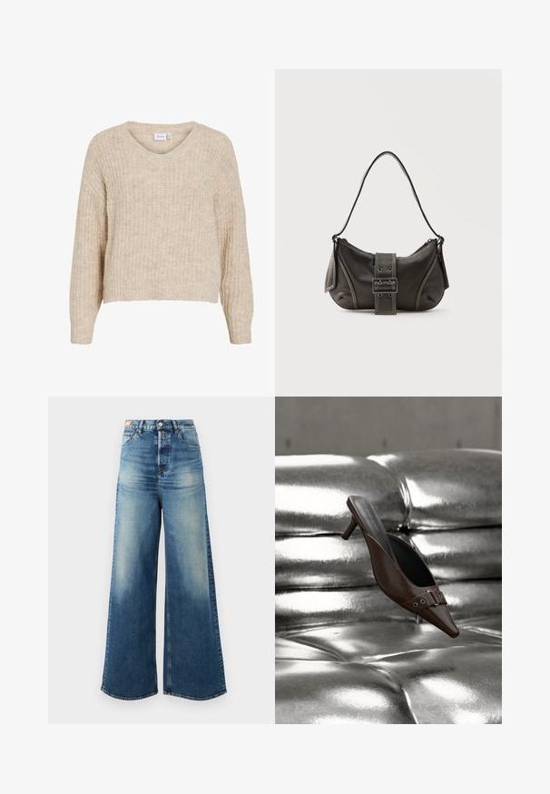 Pull beige en maille avec un col en V et des manches longues. Présente un motif texturé et une coupe courte. Fabriqué en matière douce et chaude.; Jean en denim bleu à jambes larges avec une finition décolorée, taille haute et design classique à cinq poches. Équipés de quincaillerie en cuivre et de bords effilochés.; Mule à talon brun à bout pointu avec détail boucle flottant au-dessus d'une surface en cuir argenté capitonnée brillante.; Sac à épaule en cuir noir avec une sangle à boucle, des bords arrondis et des coutures blanches contrastées sur un fond uni.
