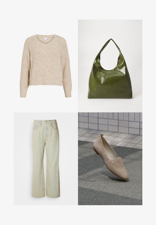 Pull beige en maille avec un col en V et des manches longues. Présente un motif texturé et une coupe courte. Fabriqué en matière douce et chaude.; Jean large bleu clair en denim, avec une taille haute, cinq poches, et un léger délavage avec des accents de couture contrastante.; Chaussure plate beige en matière douce, avec un bout pointu et un design minimaliste. Comprend un petit talon et une boucle à l'arrière.; Sac hobo en cuir vert au design décontracté, avec une poignée incurvée et une texture lisse. Ne contient aucun matériel ou accent visible.
