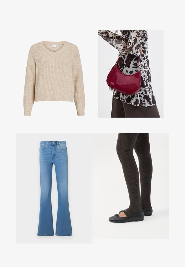 Pull beige en maille avec un col en V et des manches longues. Présente un motif texturé et une coupe courte. Fabriqué en matière douce et chaude.; Jean évasé en denim bleu clair avec une taille mi-haute, doté de poches avant et d'une fermeture à boutons. Texture lisse et design classique à cinq poches.; Jambes portant des leggings côtelés foncés associés à des ballerines noires avec de petits détails en nœud sur fond blanc.; Femme portant un chemisier à motif noir et blanc tenant un sac à main rouge brillant sur un fond uni.