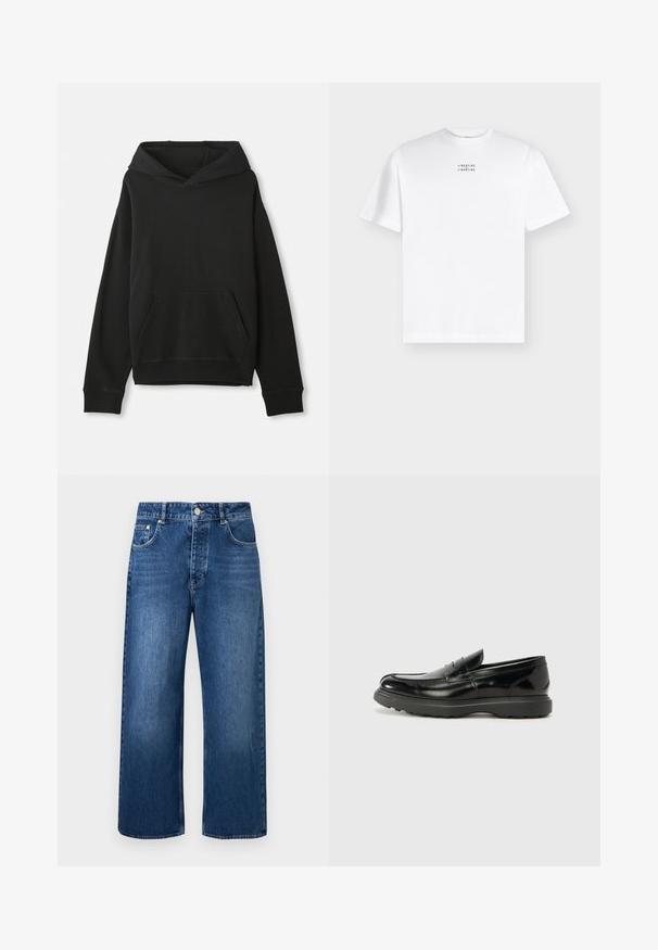 Sweat-shirt noir avec capuche, doté d'une poche kangourou à l'avant. Fabriqué en tissu doux avec des poignets et un ourlet côtelés, offrant une coupe décontractée.; T-shirt blanc à manches courtes avec petit texte noir « LIBERTINE LIBERTINE » au centre de la poitrine, présenté sur un fond neutre.; Jean denim bleu à jambes larges, taille haute, fermeture à boutons et poches avant sur un fond clair uni.; Mocassin en cuir noir avec une finition brillante, bout arrondi, détails de couture subtils et semelle en caoutchouc épaisse pour la durabilité.