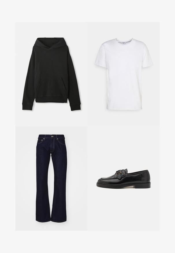 Sweat-shirt noir avec capuche, doté d'une poche kangourou à l'avant. Fabriqué en tissu doux avec des poignets et un ourlet côtelés, offrant une coupe décontractée.; T-shirt blanc à manches courtes en coton. Il présente un col rond et une coupe décontractée sans motifs ni accents visibles.; Jean flare en denim bleu foncé avec une taille haute, dotée de surpiqûres jaunes contrastantes et de fournitures métalliques à la taille et aux poches.; Mocassins en cuir noir avec un bout arrondi et une boucle décorative. Talon plat, solide et texture lisse sur l'ensemble.