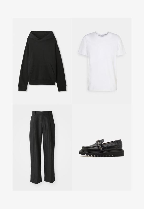Zwarte sweatshirt met een capuchon, voorzien van een voorste kangoeroe-pocket. Gemaakt van zacht materiaal met ribgebreide manchetten en zoom, biedt een ontspannen pasvorm.; Witte t-shirt met korte mouwen, gemaakt van katoen. Heeft een ronde halslijn en een comfortabele pasvorm zonder zichtbare patronen of accessoires.; Zwarte linnen broek met een recht model, voorzien van opvallende plooien aan de voorkant en een gladde, textuurafwerking.; Zwarte leren loafers met zilveren hardware accenten, een verhoogde zigzag zool en een slanke, afgeronde uitstraling; gladde textuur en glanzende afwerking.