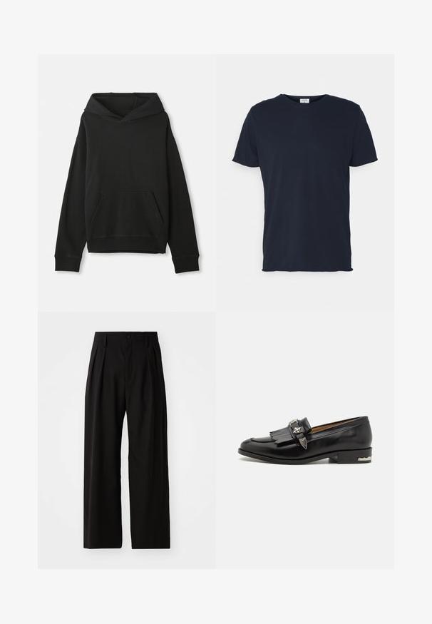 Sweat-shirt noir avec capuche, doté d'une poche kangourou à l'avant. Fabriqué en tissu doux avec des poignets et un ourlet côtelés, offrant une coupe décontractée.; T-shirt en coton bleu marine avec un col rond et des manches courtes, présentant une texture lisse et un design simple, sans motifs ni accents visibles.; Pantalons larges noirs avec une texture lisse, dotés de deux plis avant, d'une fermeture à bouton et de poches latérales. Tissu durable.; Mocassin en cuir noir avec des détails en frange, accents en métal argenté, bout arrondi et un petit talon empilé avec un bord décoratif.