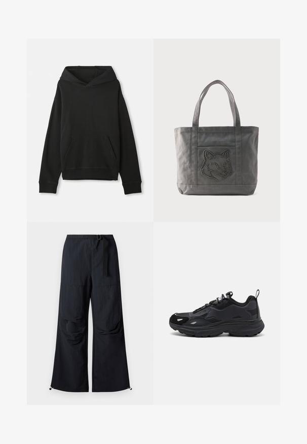 Sweat-shirt noir avec capuche, doté d'une poche kangourou à l'avant. Fabriqué en tissu doux avec des poignets et un ourlet côtelés, offrant une coupe décontractée.; Pantalon noir à jambes larges en tissu léger. Dispose d'une ceinture, de deux grandes poches latérales et d'ourlets ajustables avec fermetures à cordon.; Baskets de course noires avec une tige texturée, des accents synthétiques lisses, une semelle épaisse et des détails réfléchissants. Présente un design à lacets et une poignée arrière.; Sac fourre-tout en toile grise avec deux anses et une poche avant ornée d'un motif de tête de loup cousu.