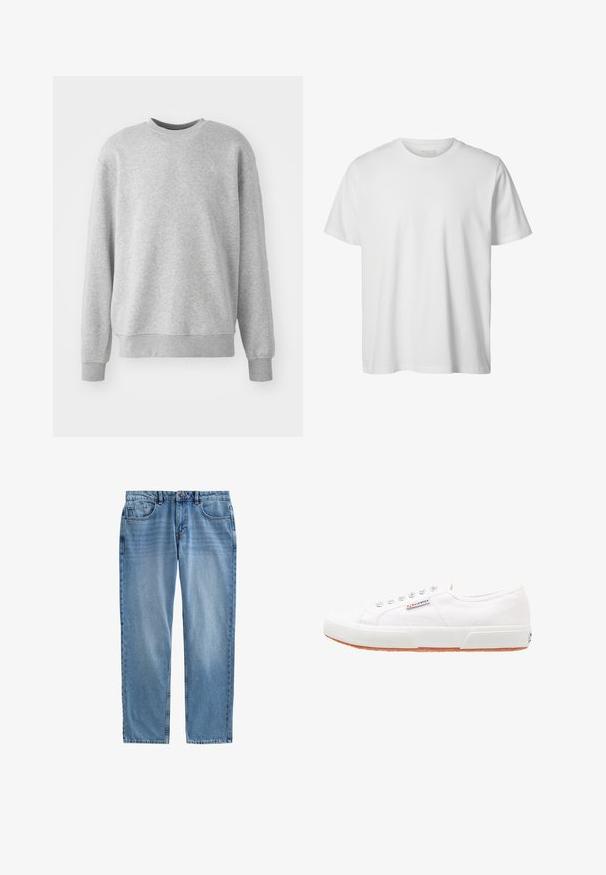 Grå sweatshirt lavet af blødt stof, har en rund halsudskæring, ribbede manchetter og kant, med en diskret logoaccent på fronten.; Enkelt hvid T-shirt med korte ærmer og rund hals, løs pasform og uden synlige logoer eller designs foran.; Lyseblå denimjeans med lige ben, fem-lomme design, synlig syning og lynlås. Ingen slid eller mønstre.; Hvide kanvas sneakers med gummisål, snørebåndsdesign og et lille logo mærke på siden. Tekstureret hvid overdel og brun ydersål.