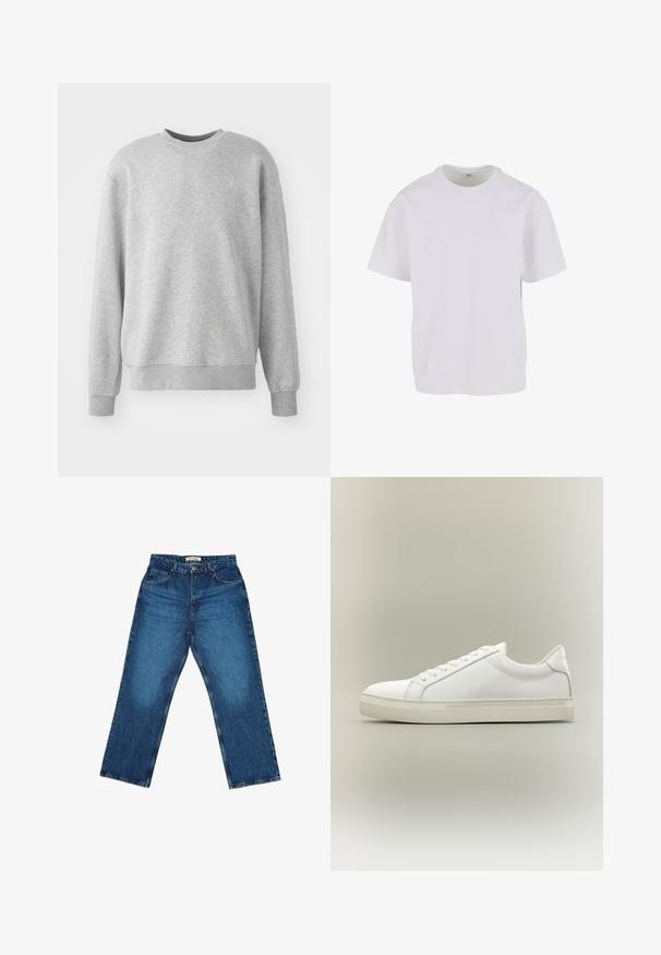 Sweatshirt gris en tissu doux, avec un col rond, des poignets et un ourlet côtelés, et un accent logo subtil sur le devant.; T-shirt blanc à manches courtes en coton doux, avec un col rond et une coupe décontractée à ourlet droit. Aucun motif ni accent visible.; Jean en denim bleu à coupe droite, avec une taille dotée de passants de ceinture, des poches avant et des effets de décoloration sur les jambes.; Baskets blanches basses à lacets sur l’avant et semelle épaisse, vues de côté sur un fond neutre.