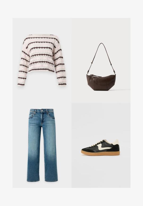 Pull en maille crochetée avec manches longues et rayures horizontales rose, blanc et marron foncé, présentant un motif ajouré lâche.; Jean en denim bleu à jambes larges avec fermeture bouton et zip, poches avant et passants pour ceinture sur un fond clair.; Baskets en daim et cuir noir avec un swoosh latéral crème et un talon crème clair. Dotées de lacets beige et d'une semelle en caoutchouc gomme.; Sac à bandoulière en cuir marron avec un fond incurvé et une sangle réglable sur un fond clair uni.