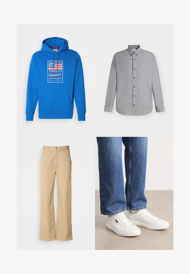 Blauer Kapuzenpullover aus weichem Stoff, mit einer vorderen Kängurutasche, Kordelzugkapuze und einem zentralen Grafiklogo mit Text in Rot und Weiß.; Hellgraues langärmeliges Hemd mit Knopfleiste und Knopfkragen sowie kleinem "cK"-Logo, das auf der linken Brustseite eingestickt ist.; Beige, weit geschnittene Hosen aus einer Baumwollmischung. Mit einem Knopfverschluss und Gürtelschlaufen. Glatte Textur mit minimalen Nähten.; Weiße Sneakers mit glatter Oberfläche, runder Spitze und flacher Sohle. Ergänzt durch blaue Jeans im geraden Schnitt mit sichtbaren Nähten.