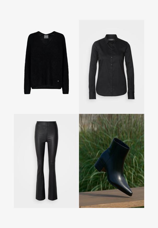 Zwarte oversized trui met een V-hals, lange mouwen, gemaakt van een textuurstof. Opvallend detail is een klein metalen logo-accent bij de zoom.; Mos Mosh TILDA SHIRT - Overhemdblouse - black; Zwarte flared broeken van glad, faux leer met een hoge tailleband en stiksel details boven de knie.; Zwarte leren enkellaars met puntige neus en blokhak rustend op houten oppervlak, hoge groene gras op de achtergrond.