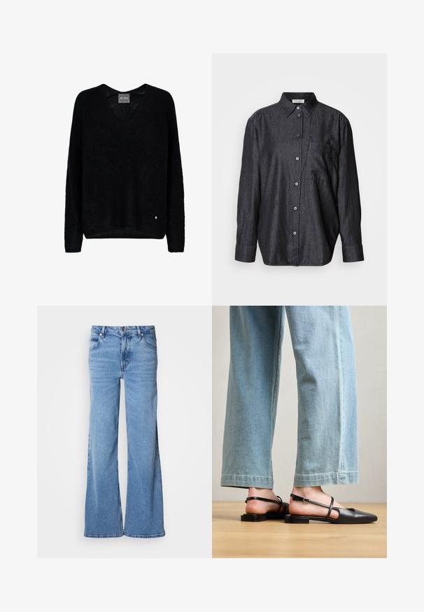 Zwarte oversized trui met een V-hals, lange mouwen, gemaakt van een textuurstof. Opvallend detail is een klein metalen logo-accent bij de zoom.; Donkergrijs shirt met lange mouwen, gemaakt van lichtgewicht stof, met een knoopsluiting, kraag en een enkel borstzakje.; Lichtblauwe jeans met wijde pijpen, gemaakt van denim. Voorzien van een klassiek ontwerp met vijf zakken en een zichtbare knoopsluiting. Zachte textuur en een eenvoudige afwerking.; Zwarte leren slingback schoenen met een spitse neus, platte hak en enkelband; gedragen met lichtblauwe wijde jeans.