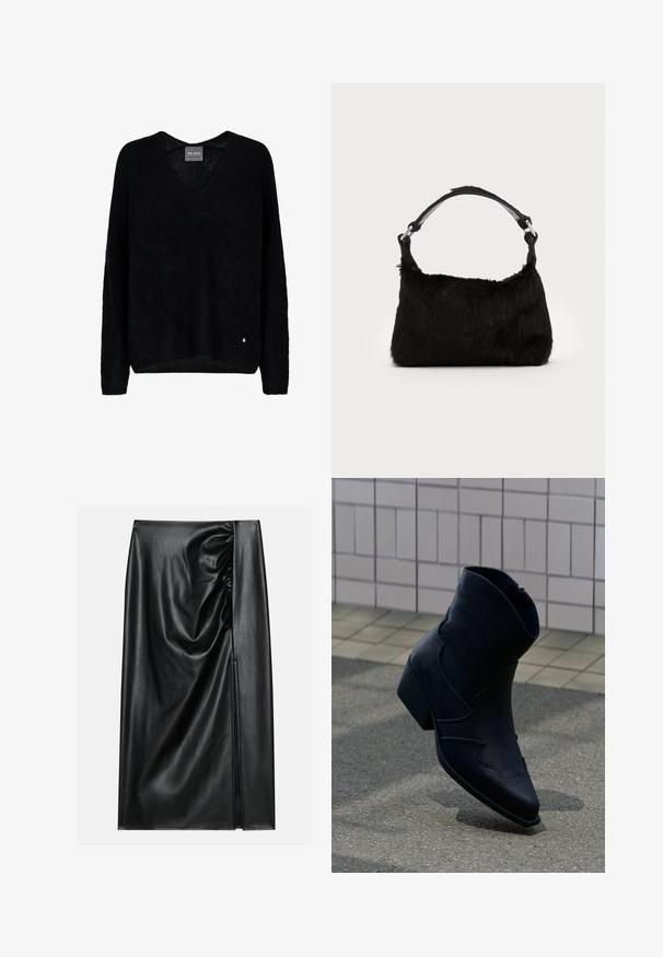 Zwarte oversized trui met een V-hals, lange mouwen, gemaakt van een textuurstof. Opvallend detail is een klein metalen logo-accent bij de zoom.; Zwarte leren rok met een soepele textuur, voorzien van een geplooid gedeelte aan één kant en een zijspleet voor extra detail.; Zwarte leren enkellaars met lage hak, decoratieve stiksels en puntige neus, rechtop geplaatst op een betegelde ondergrond naast een betegelde muur.; Zwarte neplederen handtas met een zachte textuur, ronde vorm en een stevige zwartleren schouderband. Zilveren hardwareaccenten zichtbaar.