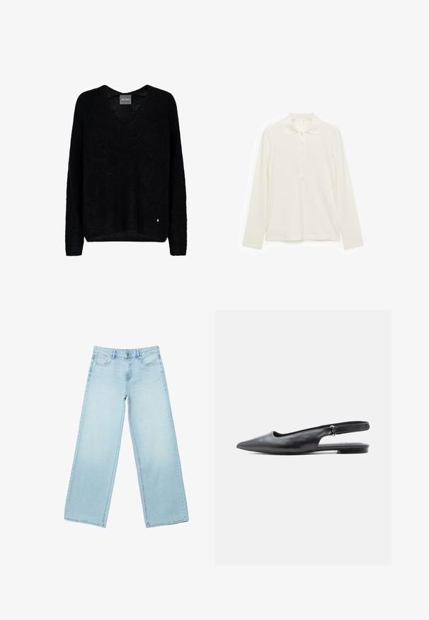 Pull noir surdimensionné avec un col en V, manches longues, fabriqué dans un tissu texturé. Détail remarquable : un petit logo métallique à l'ourlet.; Polo-shirt blanc à manches longues en tricot côtelé avec un col et cinq boutons à l'avant, posé à plat sur un fond blanc.; Jean en denim bleu clair à jambes larges avec poches avant, passants pour ceinture et fermeture par bouton.; Chaussure plate en cuir noir à bout pointu, bride arrière avec talon bas et bride ajustable sur fond clair.