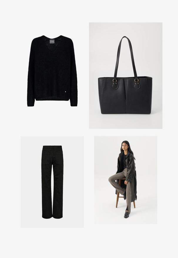 Zwarte oversized trui met een V-hals, lange mouwen, gemaakt van een textuurstof. Opvallend detail is een klein metalen logo-accent bij de zoom.; Zwarte denim broek met een recht gesneden pijp, voorzien van twee achterzakken en een eenvoudige tailleband. De stof heeft een gladde, matte textuur.; Zwarte leren trenchcoat met knopen en riemdetails, gecombineerd met lichtbruine getailleerde broek en zwarte loafers, zittend op een houten kruk.; Zwarte neplederen tote bag met een gestructureerde afwerking, twee lange handvatten en goudkleurige hardware-accenten aan de zijkant. Rechthoekige vorm.