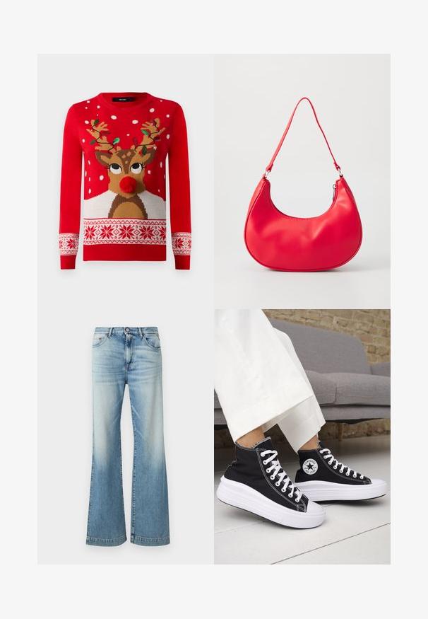Rød julesweater med rensdyransigt, pom-pom næse, gevir dekoreret med grønne og røde lyskæder og hvide snefnugsmønstre.; Lyseblå vide jeans lavet af denim, med en let falmet finish, fem-lomme design og en traditionel knaplukning.; Sorte sneakers med højt skaft, hvide gummisåler og snørebånd. Har en rund logo-patch og kontrasterende hvide syninger. Fremstillet af lærredsmateriale.; Rød syntetisk læder skuldertaske med en buet form, slank rem og lynlås lukning. Glat tekstur med synlige syninger.