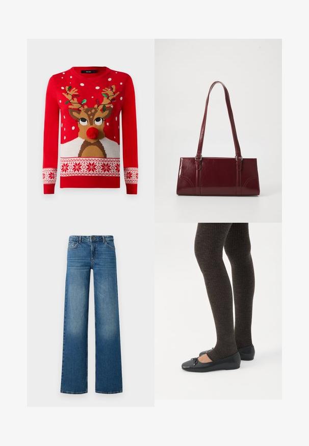Pull de Noël rouge avec un visage de renne, un nez en pompon, des cornes décorées de lumières vertes et rouges, et des motifs de flocons de neige blancs.; Jeans larges bleus avec un délavage, cinq poches et une fermeture à bouton. Fabriqués en denim avec une texture lisse et résistante.; Jambes portant des leggings côtelés foncés associés à des ballerines noires avec de petits détails en nœud sur fond blanc.; Sac à main bordeaux en matériau brillant, de forme rectangulaire, avec deux anses et des accents légèrement courbés à l'avant.