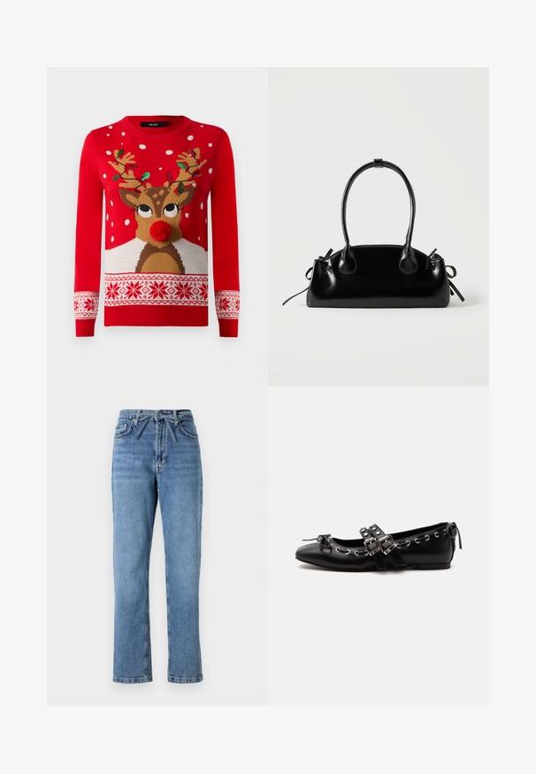 Rød julesweater med rensdyransigt, pom-pom næse, gevir dekoreret med grønne og røde lyskæder og hvide snefnugsmønstre.; Lyseblå denimjeans med lige pasform, høj talje, der har en frontsløjfe og klassisk fem-lomme design. Struktureret overflade med subtile falmninger.; Sort flad balletsko med dobbelt spænde, sølvøjer og en lille sløjfe nær den runde tå på en hvid baggrund.; Lille sort blank håndtaske med to lange håndtag og snøre-detaljer i siden på en ensfarvet lys baggrund.