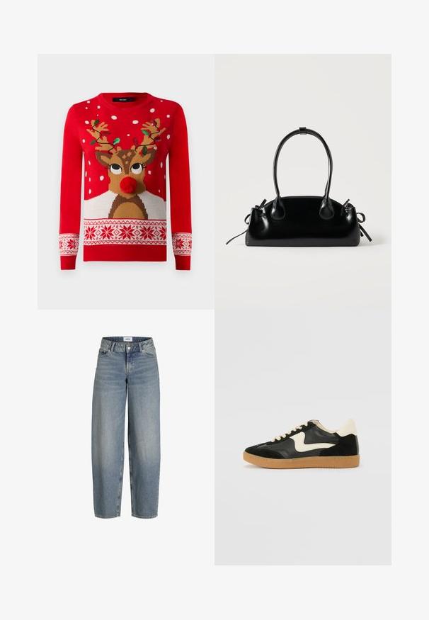 Rød julesweater med rensdyransigt, pom-pom næse, gevir dekoreret med grønne og røde lyskæder og hvide snefnugsmønstre.; Lyseblå, løstsiddende jeans med høj talje, lavet af denimstof. Har fem lommer og en traditionel lukning med knap og lynlås.; Sorte ruskinds- og lædersneakers med en cremefarvet side-swoosh og lys cremefarvet hæl. Har beige snørebånd og en gummirubber-sål.; Lille sort blank håndtaske med to lange håndtag og snøre-detaljer i siden på en ensfarvet lys baggrund.