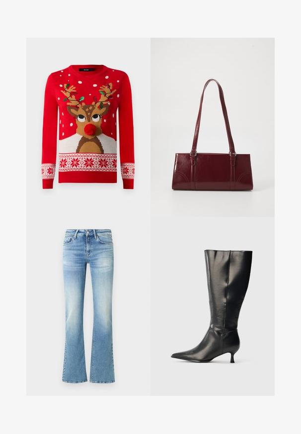 Pull de Noël rouge avec un visage de renne, un nez en pompon, des cornes décorées de lumières vertes et rouges, et des motifs de flocons de neige blancs.; Jean évasé bleu clair en denim ; il présente un design à cinq poches, des zones délavées sur les cuisses, et un ourlet cousu à la cheville.; Botte en cuir noire montant jusqu'au genou, avec un bout pointu et un petit talon bas, présentée sur un fond clair uni.; Sac à main bordeaux en matériau brillant, de forme rectangulaire, avec deux anses et des accents légèrement courbés à l'avant.