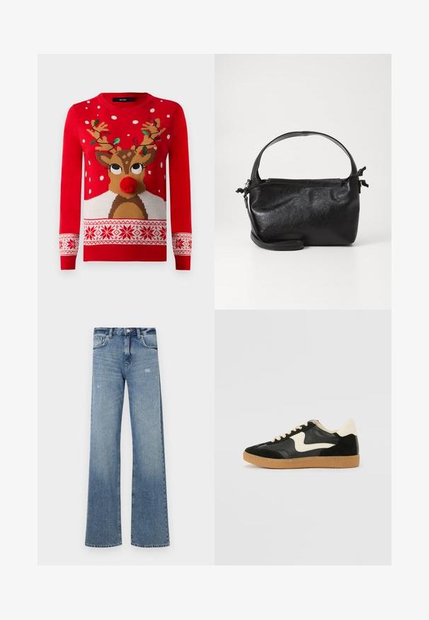 Rød julesweater med rensdyransigt, pom-pom næse, gevir dekoreret med grønne og røde lyskæder og hvide snefnugsmønstre.; Lyseblå denimjeans med høj talje, vidde ben, let slid og traditionel fem-lomme struktur.; Sorte ruskinds- og lædersneakers med en cremefarvet side-swoosh og lys cremefarvet hæl. Har beige snørebånd og en gummirubber-sål.; Sort læderhåndtaske med et struktureret design, rund tophåndtag og aftagelig skulderrem. Den har en glat tekstur og en subtil glans.
