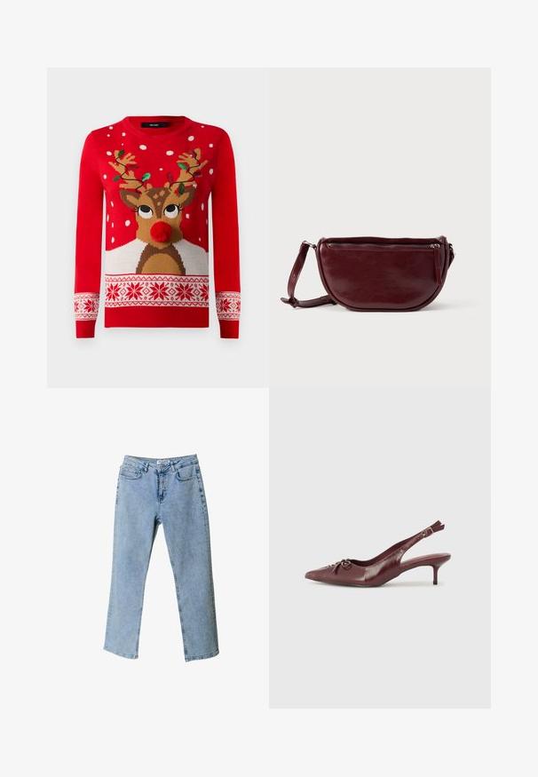 Rød julesweater med rensdyransigt, pom-pom næse, gevir dekoreret med grønne og røde lyskæder og hvide snefnugsmønstre.; Lyseblå denim jeans med lige ben design, fem-lomme stil og en taljebranding. Har lysnede områder for tekstur.; Bordeaux læder slingback hæl med spidse tå, justerbar rem og dekorativ sløjfedetalje foran. 7,5 cm hælhøjde.; Vinrød læderhåndtaske med halvmåneform, lynlås og aftagelig rem. Glat tekstur med en subtil glans.