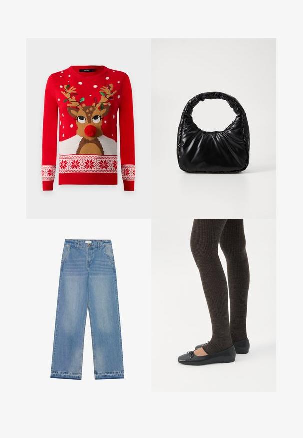 Rød julesweater med rensdyransigt, pom-pom næse, gevir dekoreret med grønne og røde lyskæder og hvide snefnugsmønstre.; Lyseblå højtaljede wide-leg jeans med knaplukning, frontlommer, bæltestropper og diskret falmet detaljer.; Ben iført mørke ribbede leggings kombineret med sorte balletsko med små sløjfedetaljer på hvid baggrund.; Sort polstret håndtaske med et rundt håndtag, der har en glat, skinnende overflade og en blød, kviltet tekstur. Ingen synlige hardware eller accenter.