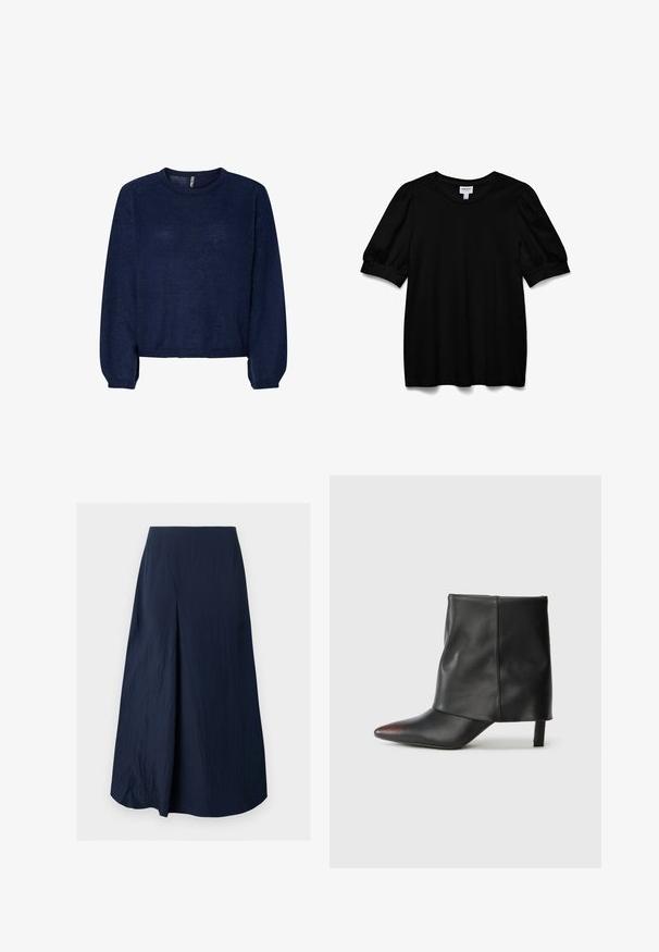Pull en maille bleu marine avec un col rond, des manches longues et un ourlet court. Texture douce, sans motifs ni embellissements visibles.; Haut noir à manches courtes avec un col rond, fabriqué en tissu lisse. Caractéristiques des manches bouffantes et une coupe décontractée. Design simple et sans embellissements.; Jupe midi bleu marine taille haute avec une forme légèrement évasée et un tissu subtilement texturé.; Bottine noire en cuir lisse avec un bout pointu et un talon effilé. La tige présente un design légèrement froncé.