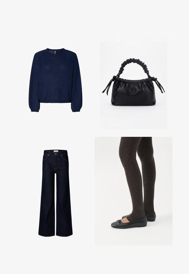 Marineblå strikket sweater med rund halsudskæring, lange ærmer og cropped kant. Blød tekstur, ingen synlige mønstre eller udsmykninger.; Mørkeblå bredbenede denimjeans med frontknap og lynlås, bæltestropper og frontlommer, vist på en hvid baggrund.; Ben iført mørke ribbede leggings kombineret med sorte balletsko med små sløjfedetaljer på hvid baggrund.; Sort taske med krokodilletekstur, rynket øverste kant, samlet hank og snore med kvaster på hver side mod en hvid baggrund.