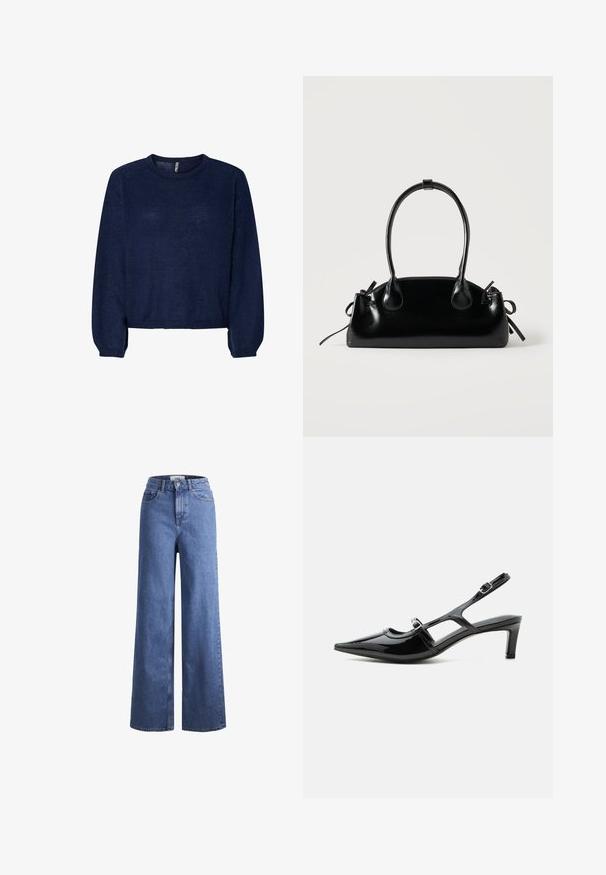 Marineblå strikket sweater med rund halsudskæring, lange ærmer og cropped kant. Blød tekstur, ingen synlige mønstre eller udsmykninger.; Lyseblå denim brede bukser med høj talje, to frontlommer og synlige stikninger. Har en knap- og lynlåslukning.; Sort laklæder spids tå slingback sko med lav hæl og to justerbare spænder, vist i sideprofil.; Lille sort blank håndtaske med to lange håndtag og snøre-detaljer i siden på en ensfarvet lys baggrund.