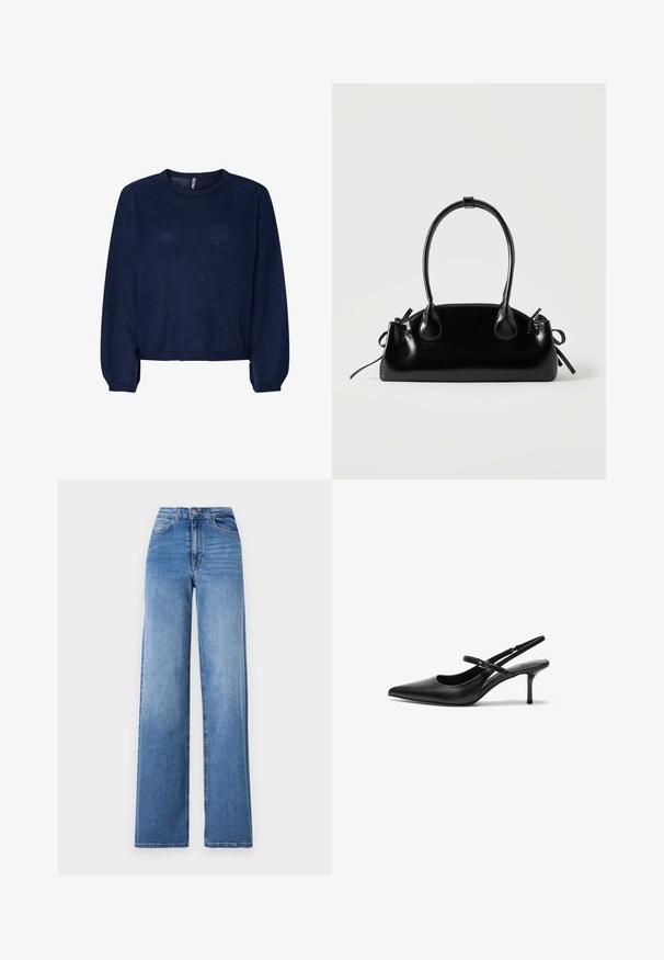 Pull en maille bleu marine avec un col rond, des manches longues et un ourlet court. Texture douce, sans motifs ni embellissements visibles.; Jeans en denim bleu clair à jambes larges, dotés d'une taille haute, de poches avant et d'une fermeture à bouton standard. Texture lisse.; Talons aiguilles noires en cuir avec un bout pointu, une fine bride réglable, et un talon aiguille d'environ 5 cm, texture lisse.; Petit sac à main noir brillant avec deux longues anses et des détails à cordon sur les côtés sur un fond clair uni.