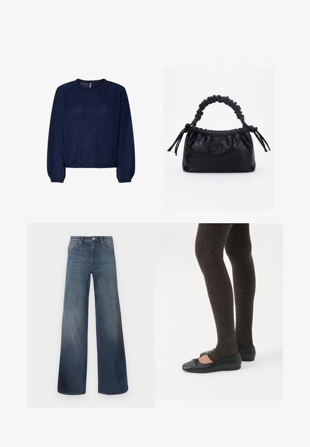 Pull en maille bleu marine avec un col rond, des manches longues et un ourlet court. Texture douce, sans motifs ni embellissements visibles.; Jeans en denim à jambes larges de couleur bleu foncé, avec une finition déchirée, fermeture à bouton et style à cinq poches. Texture lisse, détails de couture minimalistes.; Jambes portant des leggings côtelés foncés associés à des ballerines noires avec de petits détails en nœud sur fond blanc.; Sac à main noir avec texture crocodile, bord supérieur froncé, poignée plissée et pompons à cordon de chaque côté sur fond blanc.