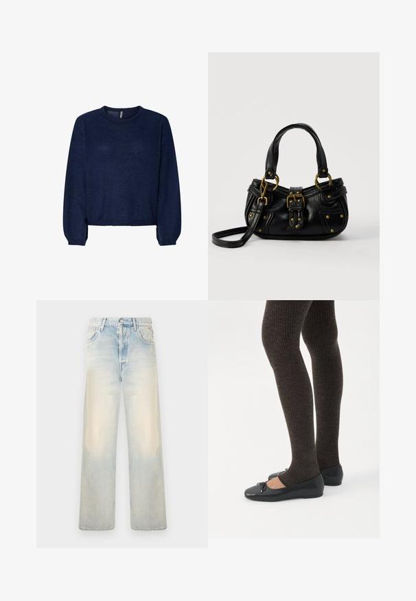 Pull en maille bleu marine avec un col rond, des manches longues et un ourlet court. Texture douce, sans motifs ni embellissements visibles.; Jean large en denim délavé avec une finition usée, cinq poches et une fermeture à bouton classique. Texture douce et coupe ample.; Jambes portant des leggings côtelés foncés associés à des ballerines noires avec de petits détails en nœud sur fond blanc.; Sac à main en cuir noir avec boucle dorée et détails à rivets, poignées courtes et bandoulière réglable sur fond blanc uni.