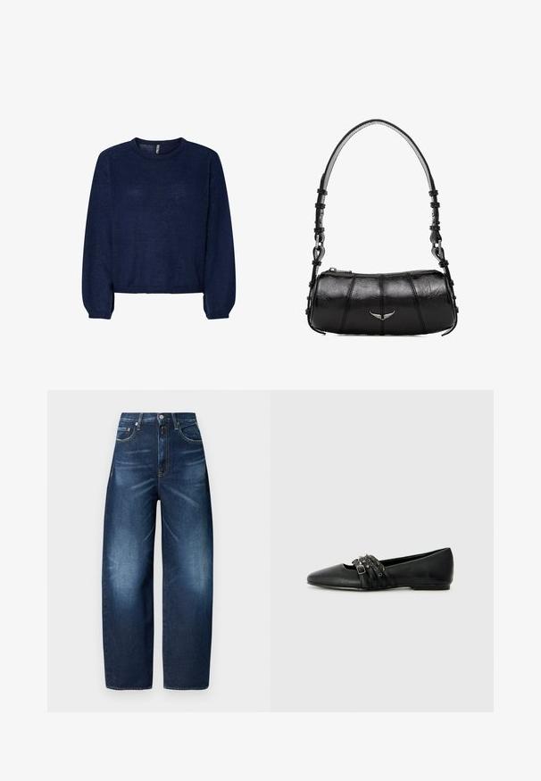 Marineblå strikket sweater med rund halsudskæring, lange ærmer og cropped kant. Blød tekstur, ingen synlige mønstre eller udsmykninger.; Mørkeblå denim bukser med bred ben, udstyret med knaplukning, fem lommer og let lysning på lårerne for teksturel kontrast.; Replay SABINE MULTI - Ballerinasko - black; Sort cylindrisk læderhåndtaske med sølv lynlås og lille vingeformet metallogo foran, med justerbar strop med spænde detaljer.