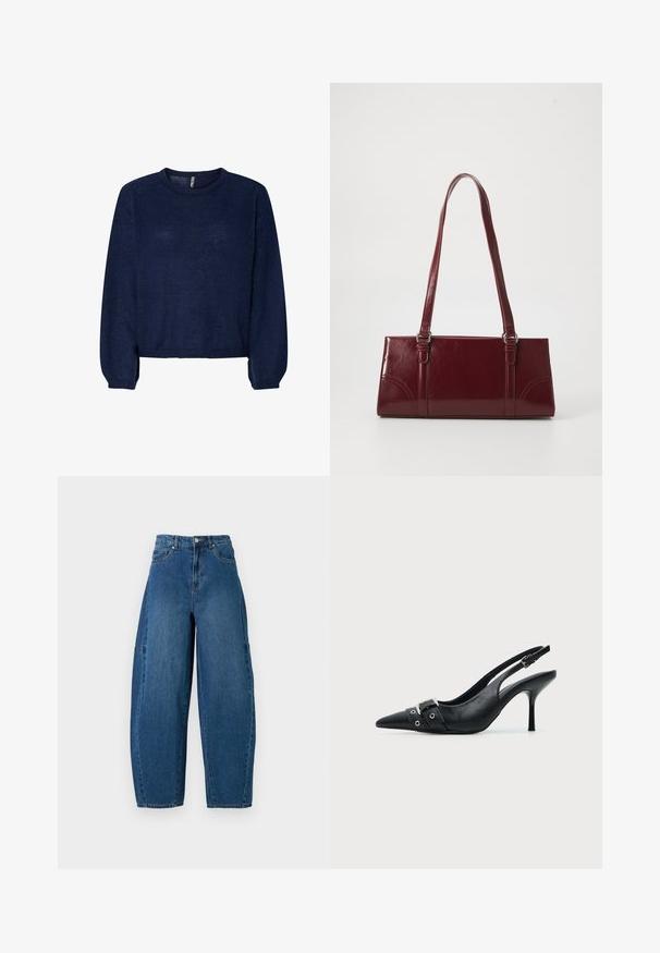 Marineblå strikket sweater med rund halsudskæring, lange ærmer og cropped kant. Blød tekstur, ingen synlige mønstre eller udsmykninger.; Denimjeans i en mellemblå vask, med højt liv, bred benpasform og standard fem-lomme design med synlige stikninger.; Sort læder højhælet sko med spidst tåparti, slingback og rem med spænde og nitter foran.; Bordeaux håndtaske lavet af glansfuldt materiale, rektangulær form, med to skulderremme og subtile buede detaljer på forsiden.