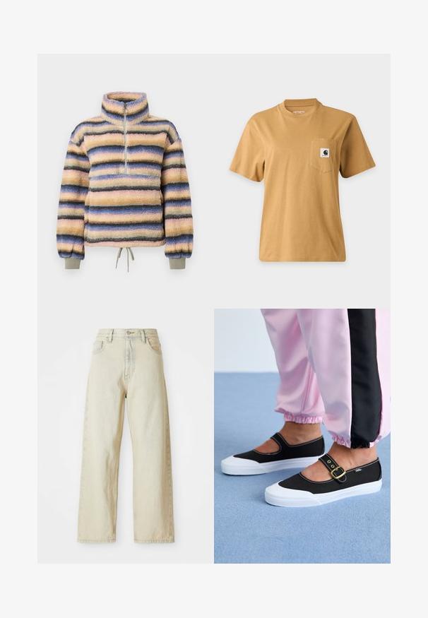 Polaire à col montant, avec des rayures horizontales en rose pastel, bleu, gris et noir. Comprend une courte fermeture éclair et un ourlet à cordon de serrage.; T-shirt marron uni à manches courtes avec une poche poitrine présentant un patch carré avec le logo de la marque, affiché sur un fond clair uni.; Jean en denim à jambe large de couleur beige clair, avec poches avant, taille haute et détails de couture subtils. Fabriqué en tissu denim texturé.; Baskets noires en toile avec une semelle blanche, présentant un design découpé et une sangle en boucle dorée. Portées avec un pantalon de survêtement rose.