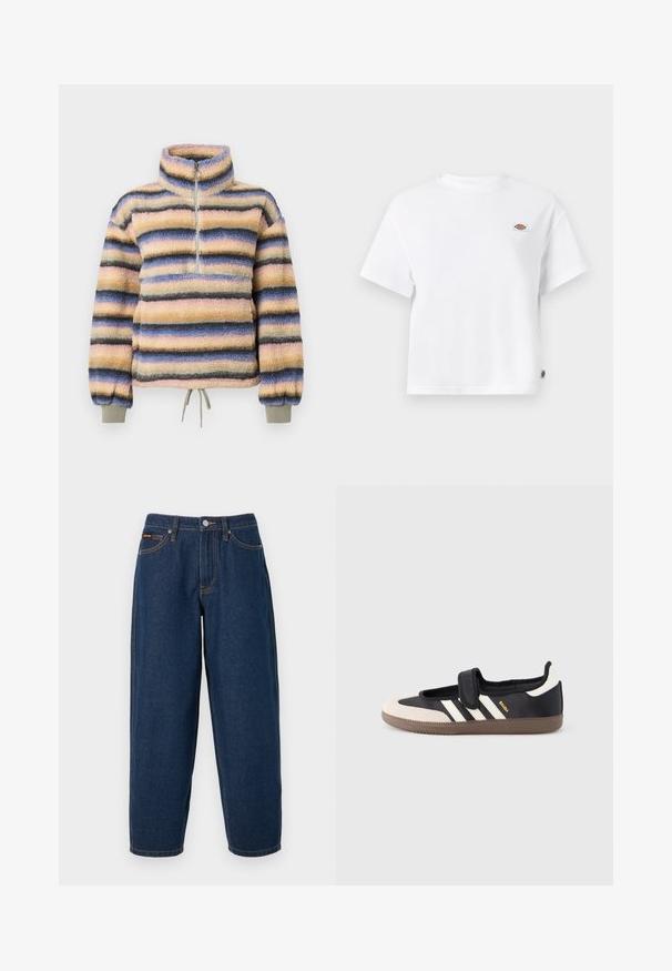Polaire à col montant, avec des rayures horizontales en rose pastel, bleu, gris et noir. Comprend une courte fermeture éclair et un ourlet à cordon de serrage.; T-shirt en coton blanc à coupe décontractée, avec un petit logo brodé sur la poitrine et une étiquette sur le côté pour plus de détails.; Jean denim bleu foncé coupe droite avec cinq poches, fermeture par bouton, et couture orange sur un fond uni.; Baskets noires et beiges avec une bride en velcro, trois bandes blanches sur le côté, et une semelle en caoutchouc marron texturée. Logo de la marque visible.