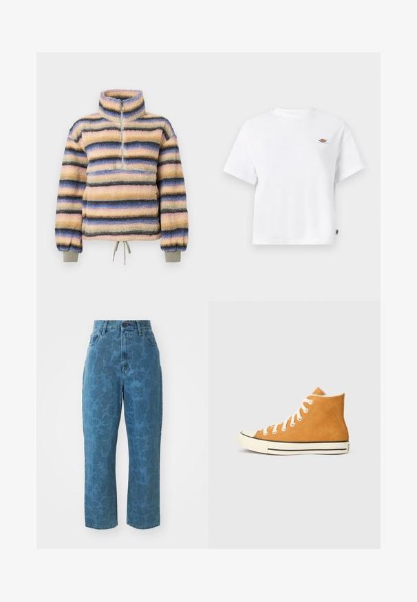 Polaire à col montant, avec des rayures horizontales en rose pastel, bleu, gris et noir. Comprend une courte fermeture éclair et un ourlet à cordon de serrage.; T-shirt en coton blanc à coupe décontractée, avec un petit logo brodé sur la poitrine et une étiquette sur le côté pour plus de détails.; Jean en denim bleu clair avec une texture à motif subtil, taille haute et coupe droite. Doté d'une fermeture à bouton et à glissière à l'avant.; Baskets montantes en suède orange avec des lacets blancs, un embout en caoutchouc et une bande d'accent noire le long de la semelle.