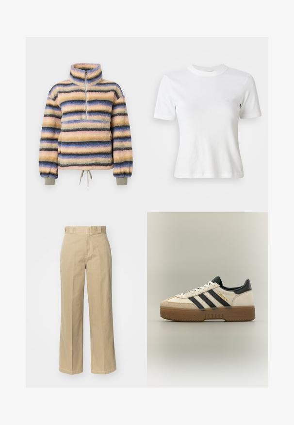 Polaire à col montant, avec des rayures horizontales en rose pastel, bleu, gris et noir. Comprend une courte fermeture éclair et un ourlet à cordon de serrage.; T-shirt blance à manches courtes en côte, avec un col rond et un petit logo sur la poitrine. Fabriqué en tissu doux avec une coupe ajustée.; Pantalons larges beiges en coton, dotés de passants de ceinture, d'une braguette zippée et de surpiqûres contrastées le long des coutures.; Baskets blanches Adidas avec bandes noires, bout en daim beige, semelle marron et "SPEZIAL" en lettres dorées sur le côté.