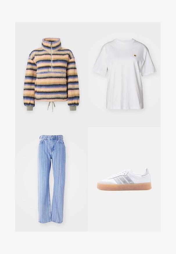Polaire à col montant, avec des rayures horizontales en rose pastel, bleu, gris et noir. Comprend une courte fermeture éclair et un ourlet à cordon de serrage.; T-shirt en coton blanc avec une coupe décontractée, des manches courtes et un petit logo brodé sur la poitrine gauche.; Jean en denim bleu clair avec des rayures blanches verticales, taille haute, coupe ample, cinq poches et fermeture à bouton.; Baskets basses blanches avec semelle gomme, accents argentés rayés sur le côté, et fermeture à lacets, présentées sur un fond clair uni.