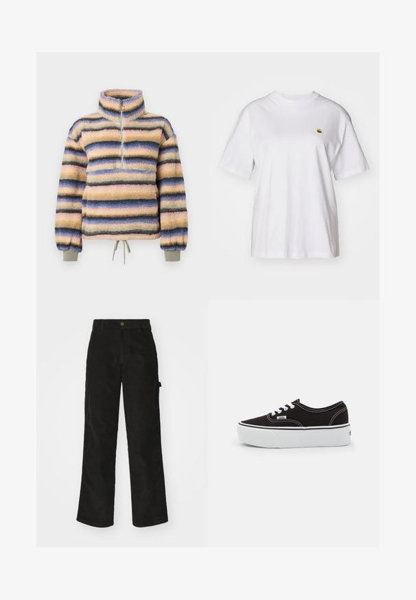 Polaire à col montant, avec des rayures horizontales en rose pastel, bleu, gris et noir. Comprend une courte fermeture éclair et un ourlet à cordon de serrage.; T-shirt en coton blanc avec une coupe décontractée, des manches courtes et un petit logo brodé sur la poitrine gauche.; Pantalon en velours côtelé noir avec une coupe droite, doté d'une fermeture à bouton et de poches latérales. Texture lisse avec de fines rayures verticales.; Baskets en toile noires avec une semelle en caoutchouc blanc, dotées de lacets et de coutures blanches, marquage emblématique sur le côté, design basse.