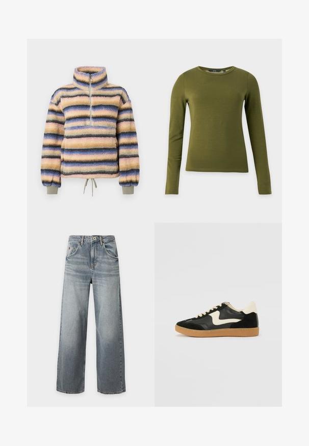 Polaire à col montant, avec des rayures horizontales en rose pastel, bleu, gris et noir. Comprend une courte fermeture éclair et un ourlet à cordon de serrage.; T-shirt à manches longues couleur vert olive, col rond, coupe slim et design sobre sur fond blanc.; Jean bleu clair à jambes larges avec effet délavé, fermeture devant par bouton et zip, poches avant et arrière, passants pour ceinture, posé à plat sur fond blanc.; Baskets en daim et cuir noir avec un swoosh latéral crème et un talon crème clair. Dotées de lacets beige et d'une semelle en caoutchouc gomme.