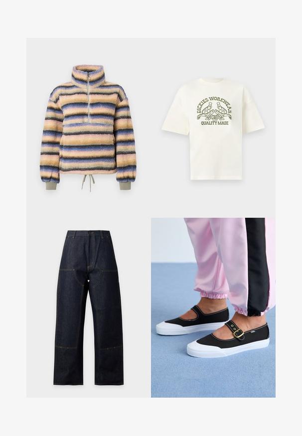 Polaire à col montant, avec des rayures horizontales en rose pastel, bleu, gris et noir. Comprend une courte fermeture éclair et un ourlet à cordon de serrage.; T-shirt blanc à manches courtes avec texte vert olive « Dickies Workwear Quality Made » et motif de deux éperons et fleurs sur le devant.; Jean denim bleu foncé à jambes larges, taille haute, coutures jaunes visibles, fermeture à boutons sur le devant et grandes poches plaquées à l'avant.; Baskets noires en toile avec une semelle blanche, présentant un design découpé et une sangle en boucle dorée. Portées avec un pantalon de survêtement rose.