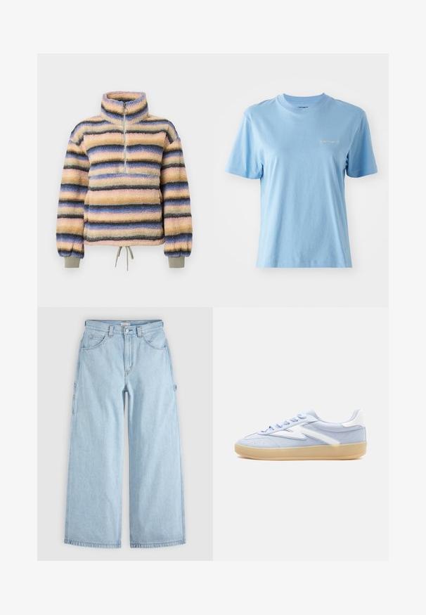 Polaire à col montant, avec des rayures horizontales en rose pastel, bleu, gris et noir. Comprend une courte fermeture éclair et un ourlet à cordon de serrage.; T-shirt à manches courtes, col rond, en coton doux de couleur bleu clair, avec un petit logo Carhartt blanc sur la poitrine. Texture lisse.; Jean en denim bleu clair à jambes larges avec poches avant, passants de ceinture et boucles latérales pour outils, posé à plat sur un fond gris.; Baskets en daim bleu clair avec accents en cuir blanc, lacets bleu clair et semelle en caoutchouc.
