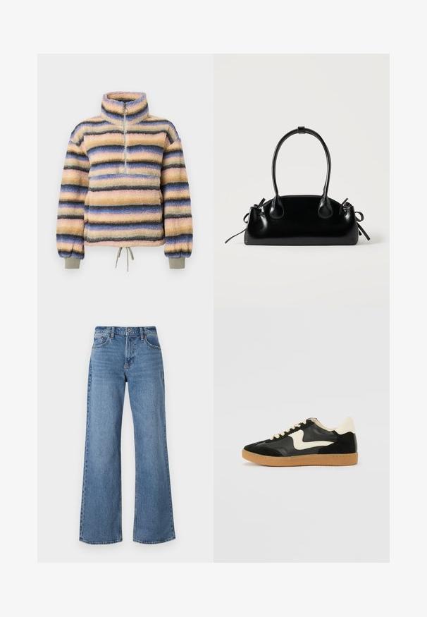 Polaire à col montant, avec des rayures horizontales en rose pastel, bleu, gris et noir. Comprend une courte fermeture éclair et un ourlet à cordon de serrage.; Jean large bleu clair en denim, avec une taille haute, des passants de ceinture et une braguette à boutons. Finitions comprenant des coutures et des détails d'ourlet.; Baskets en daim et cuir noir avec un swoosh latéral crème et un talon crème clair. Dotées de lacets beige et d'une semelle en caoutchouc gomme.; Petit sac à main noir brillant avec deux longues anses et des détails à cordon sur les côtés sur un fond clair uni.