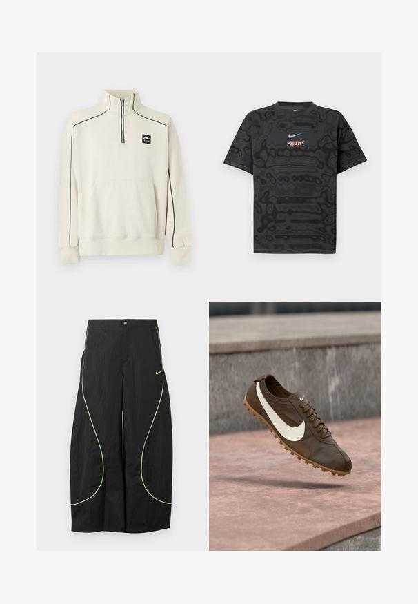 Sweat-shirt beige clair avec un col demi-zip, des coutures décoratives noires et une poche avant, arborant un logo Nike Air noir sur la poitrine.; T-shirt noir avec un motif texturé, arborant un petit logo Nike en bleu clair et un écusson rectangulaire aux couleurs contrastantes.; Pantalon large noir Nike avec passepoil courbé vert néon et petit logo Nike Swoosh sur la cuisse droite, fermeture par bouton et zip à la taille.; Chaussure de course Nike marron avec logo swoosh blanc et semelle en gomme flottant au-dessus d'une surface en pierre rose avec un fond en pierre grise.