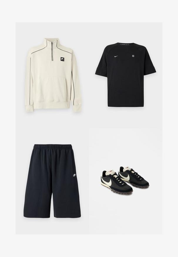 Sweat-shirt beige clair avec un col demi-zip, des coutures décoratives noires et une poche avant, arborant un logo Nike Air noir sur la poitrine.; T-shirt de sport noir à manches courtes Nike avec logo swoosh blanc sur le côté gauche de la poitrine et petit emblème carré sur le côté droit de la poitrine, fond uni.; Shorts de sport noirs avec une taille élastique, une texture lisse et un petit logo Nike blanc sur la jambe gauche. Longueur standard.; Chaussures de sport noires avec une tige texturée, logo swoosh blanc et semelle en caoutchouc dotée de petits crampons pour une meilleure traction. Col de couleur crème.
