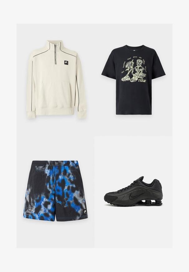 Sweat-shirt beige clair avec un col demi-zip, des coutures décoratives noires et une poche avant, arborant un logo Nike Air noir sur la poitrine.; T-shirt en coton noir avec un motif graphique jaune représentant des fleurs stylisées et du texte. Manches courtes et col rond confortable.; Shorts de sport noirs avec un motif abstrait bleu et gris, taille élastique, et logos Nike Air en bas à gauche et à droite.; Baskets de course noires avec une tige en synthétique lisse, des accents perforés, des panneaux latéraux texturés et une semelle distincte et rebondissante.