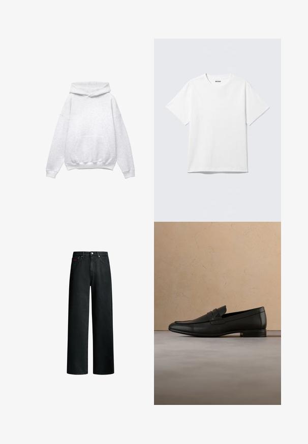 Sweatshirt à capuche gris, fabriqué en mélange de coton doux. Comprend une poche devant, des poignets et un ourlet côtelés. Coupe décontractée, sans motifs ni accents.; T-shirt blanc à manches courtes et col rond, étalé à plat, design uni, avec l'étiquette "WEEKDAY" à l'intérieur du col sur un fond clair.; Jean noir à jambes larges, cinq poches, passants de ceinture, fermeture devant par bouton et fermeture éclair.; Mocassin en cuir noir flottant au-dessus d'un tapis beige avec un canapé beige dans un intérieur minimaliste.