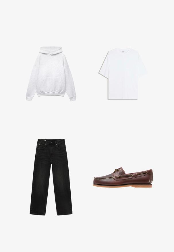 Grijze kaptrui, gemaakt van een zachte katoenmix. Heeft een voorzak, ribgebreide manchetten en zoom. Ontspannen pasvorm, zonder patronen of accenten.; Wit oversized katoenen T-shirt met een ronde hals en korte mouwen; gladde textuur, zonder zichtbare patronen of accenten.; Zwarte jeans met rechte pijpen, voorzakken, riemlussen en een knoopsluiting, plat liggend op een witte achtergrond.; Bruine leren bootschoen met witte stiksels, veterdetails en beige rubberen zool, zijaanzicht op een witte achtergrond.