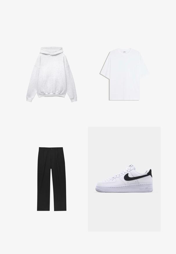 Grijze kaptrui, gemaakt van een zachte katoenmix. Heeft een voorzak, ribgebreide manchetten en zoom. Ontspannen pasvorm, zonder patronen of accenten.; Wit oversized katoenen T-shirt met een ronde hals en korte mouwen; gladde textuur, zonder zichtbare patronen of accenten.; Zwarte broeken met een recht model, gemaakt van een gladde stof. Voorzien van een voorplooien en een enkele knoopsluiting bij de taille.; Witte leren sneaker met een gestructureerde zwarte Swoosh, platte veters en een rubberen zool met een geribbeld patroon. "AIR" is in de hak geperst.