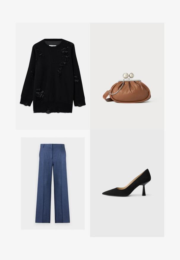 Un pull noir en tissu doux avec plusieurs zones usées, un col rond et des manches longues. Finition texturée près des ourlets.; Pantalon bleu à jambes larges, coupe sur mesure, avec passants de ceinture, pli à l'avant et fermeture avant dissimulée sur fond blanc.; Pompe à talons hauts en suède noir avec un bout pointu, dotée d'un talon bloc noir brillant et d'une doublure intérieure lisse.; Pochette en cuir marron avec un fermoir à boule en argent et un petit détail en chaîne argentée sur fond blanc.